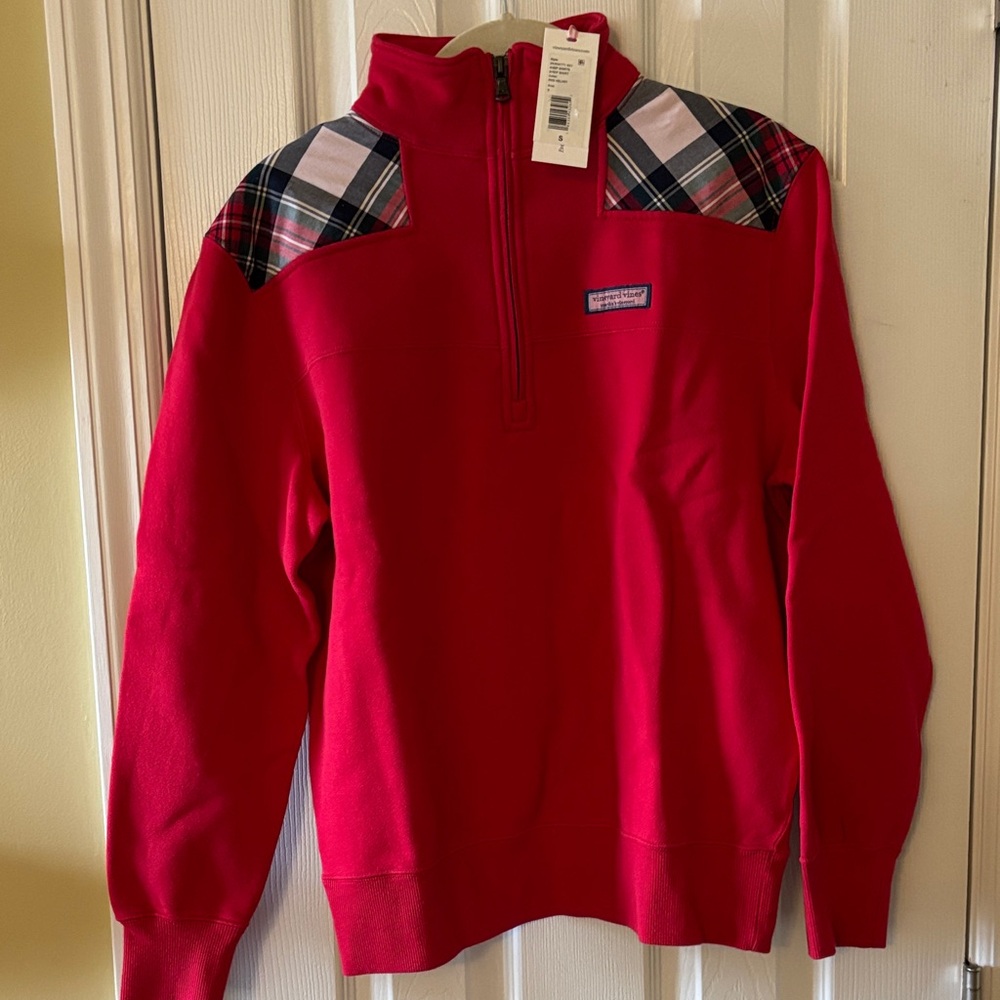 Vineyard Vines Vibrant Red Plaid Accent Zip-Up Sweatshirt “Shep Shirt”